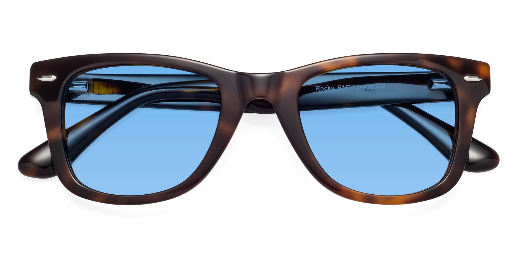 Folded Front of Rocky in Tortoise with Medium Blue Tinted Lenses