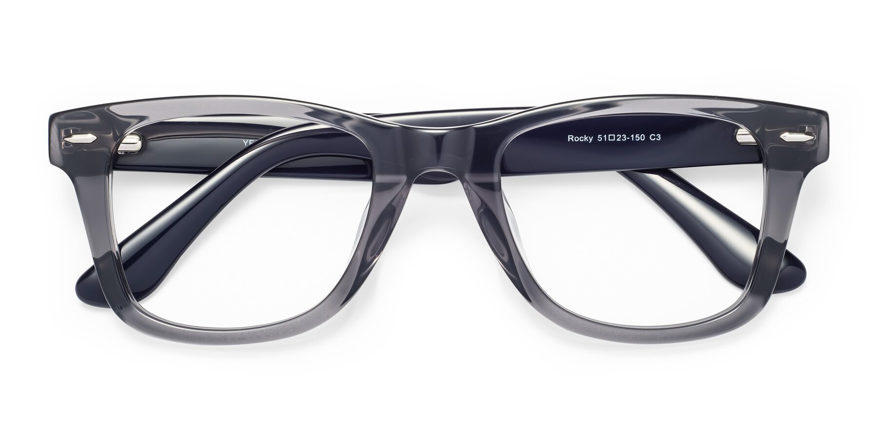 Folded Front of Rocky in Transprent Grey with Clear Reading Eyeglass Lenses