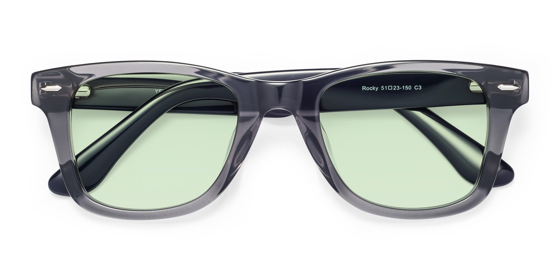 Folded Front of Rocky in Transprent Grey with Light Green Tinted Lenses