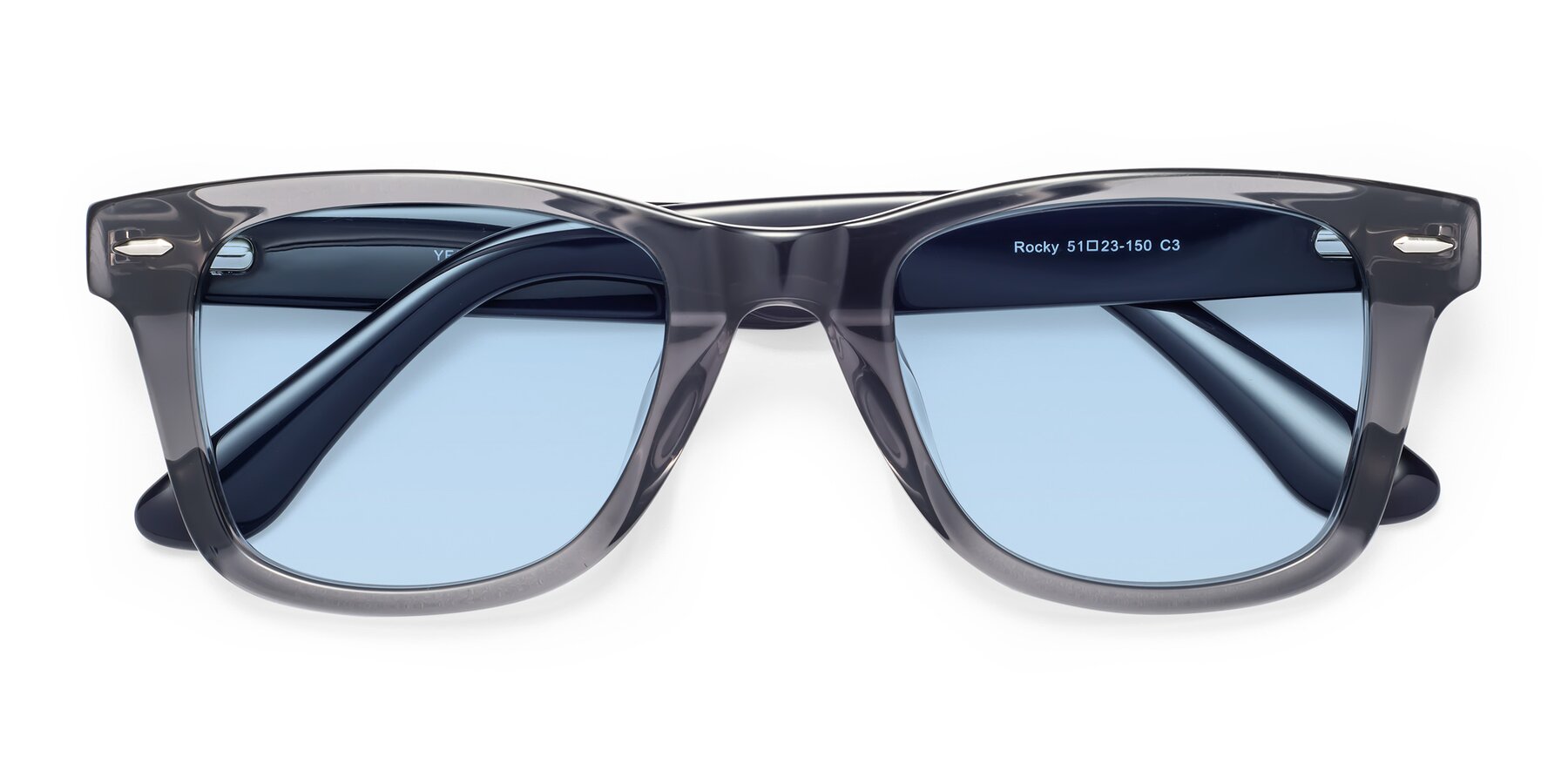 Folded Front of Rocky in Transprent Grey with Light Blue Tinted Lenses