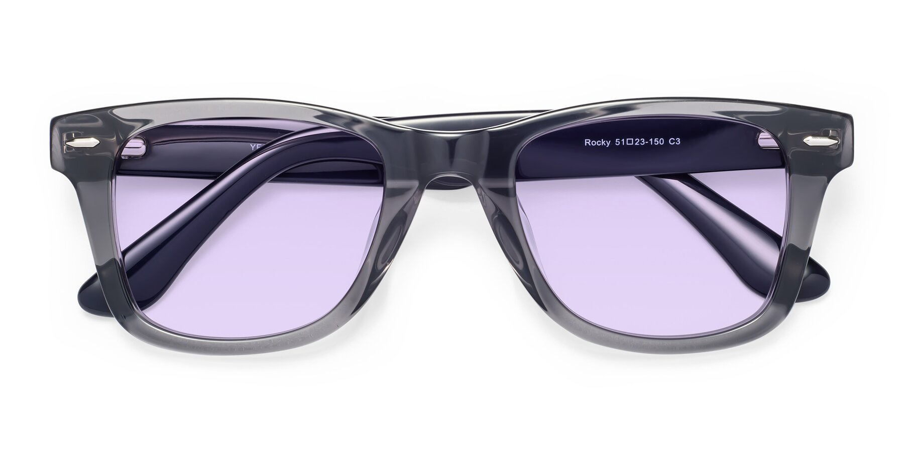 Folded Front of Rocky in Transprent Grey with Light Purple Tinted Lenses