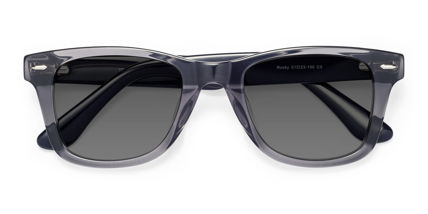 Folded Front of Rocky in Transprent Grey with Medium Gray Tinted Lenses