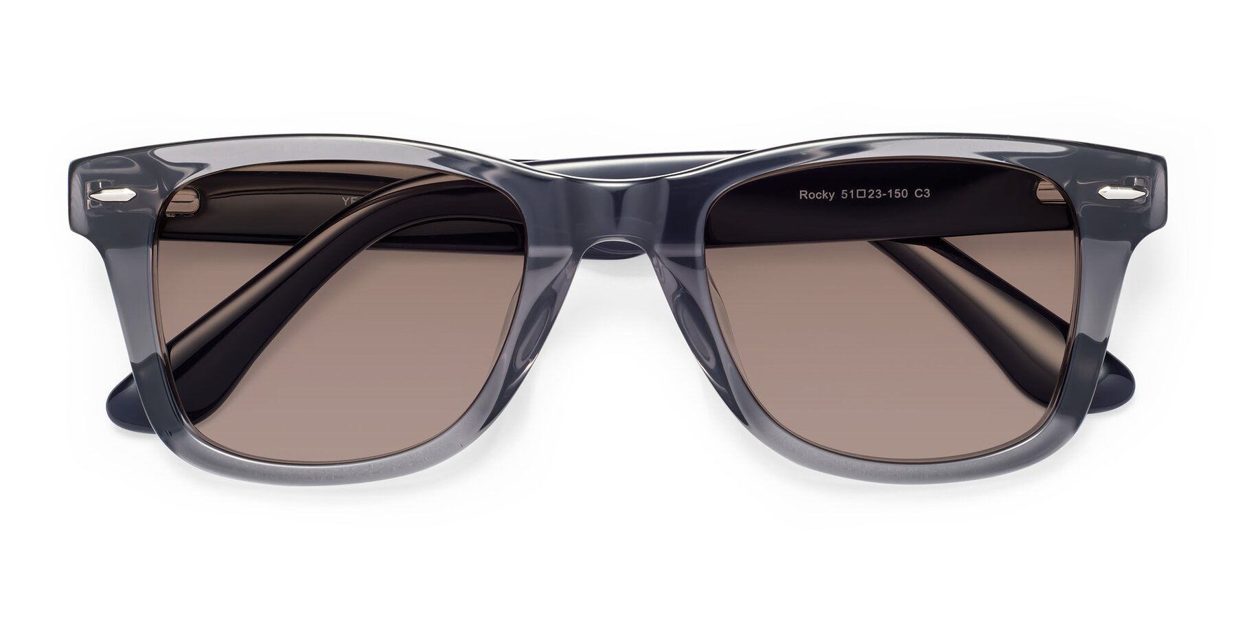 Folded Front of Rocky in Transprent Grey with Medium Brown Tinted Lenses