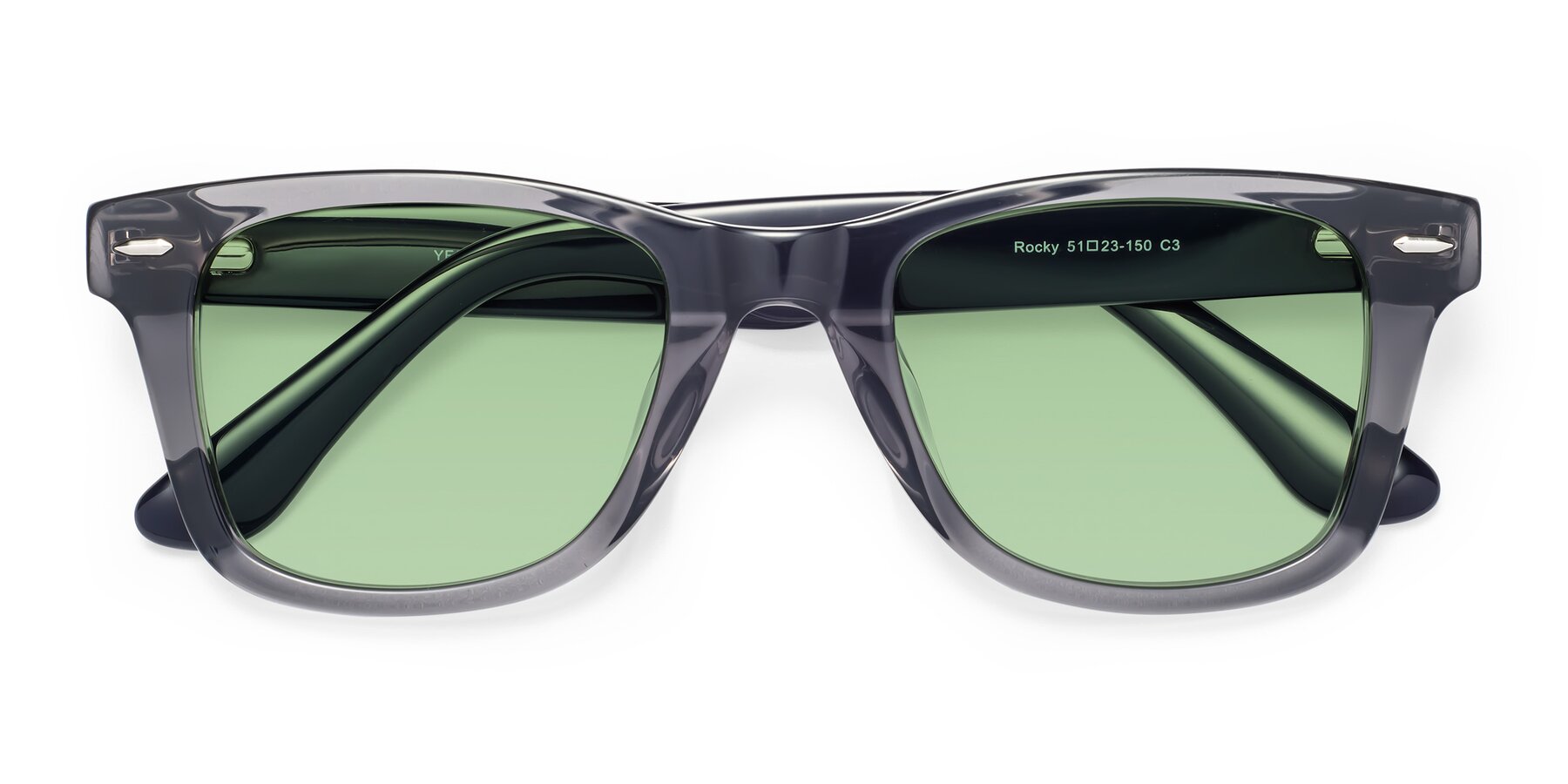 Folded Front of Rocky in Transprent Grey with Medium Green Tinted Lenses