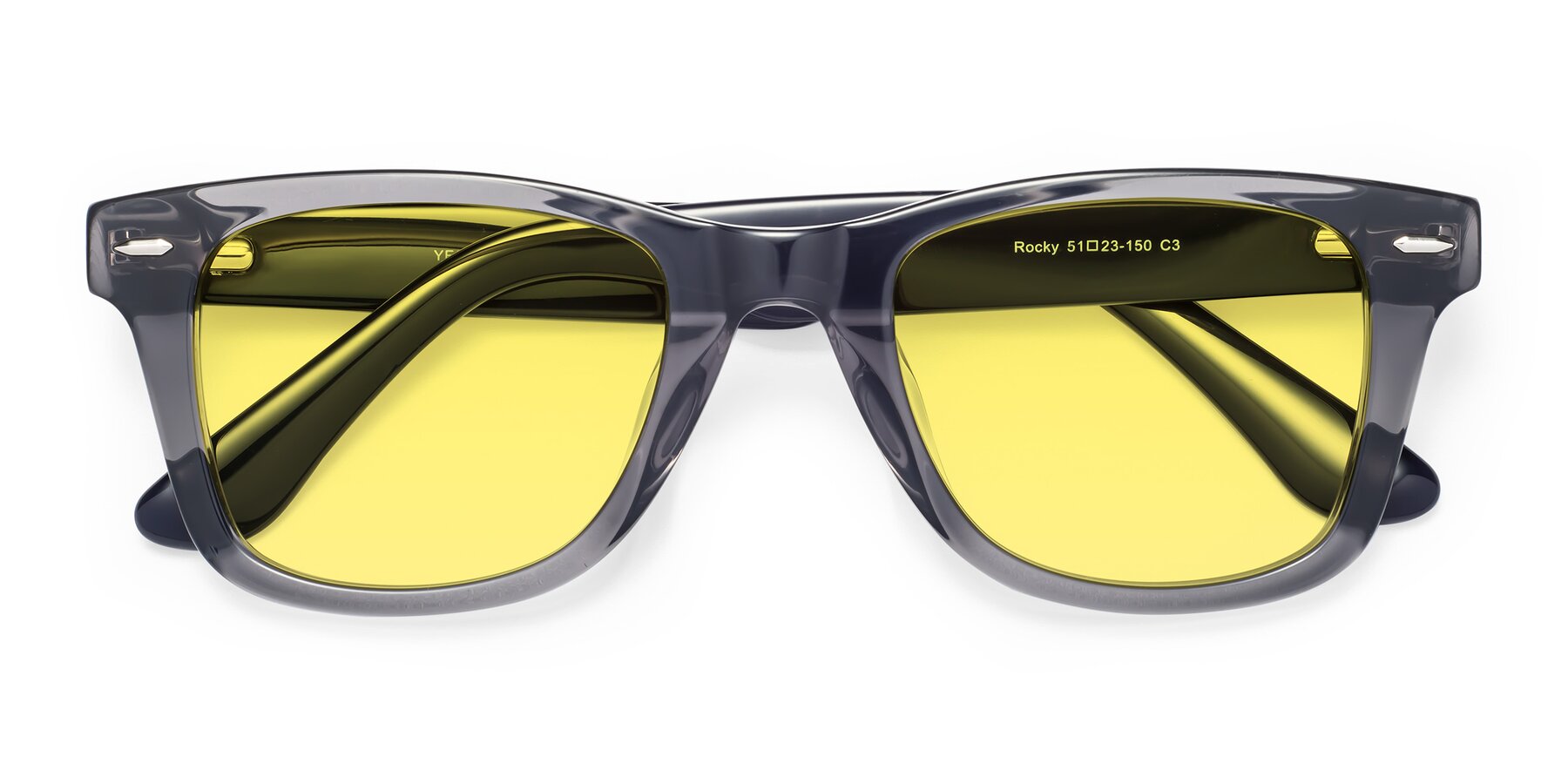 Folded Front of Rocky in Transprent Grey with Medium Yellow Tinted Lenses