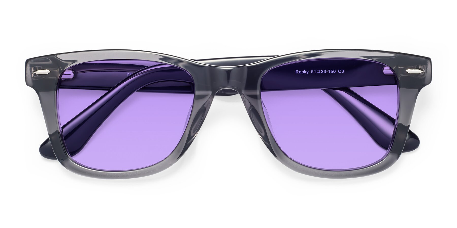 Folded Front of Rocky in Transprent Grey with Medium Purple Tinted Lenses