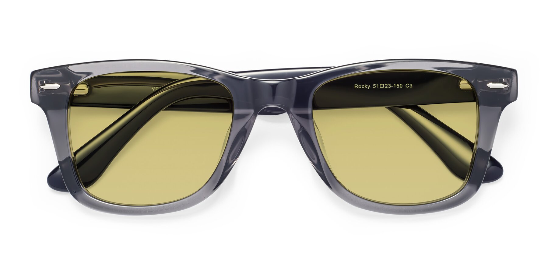 Folded Front of Rocky in Transprent Grey with Medium Champagne Tinted Lenses