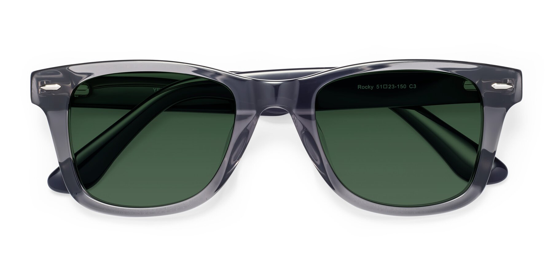 Folded Front of Rocky in Transprent Grey with Green Tinted Lenses