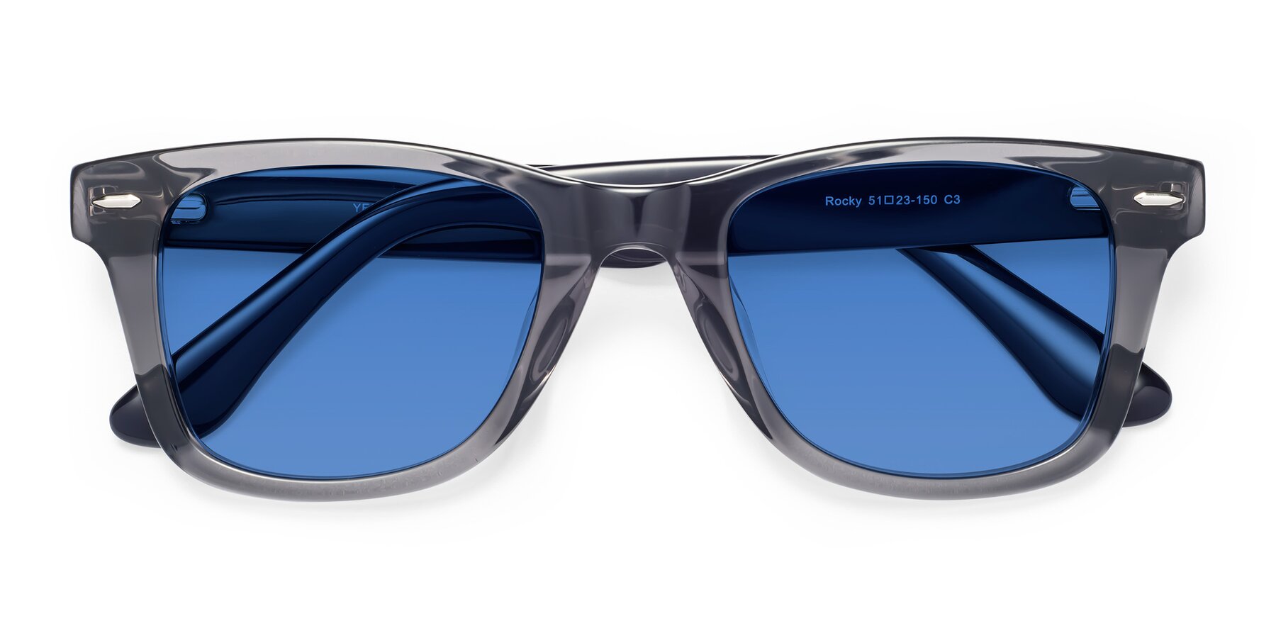 Folded Front of Rocky in Transprent Grey with Blue Tinted Lenses