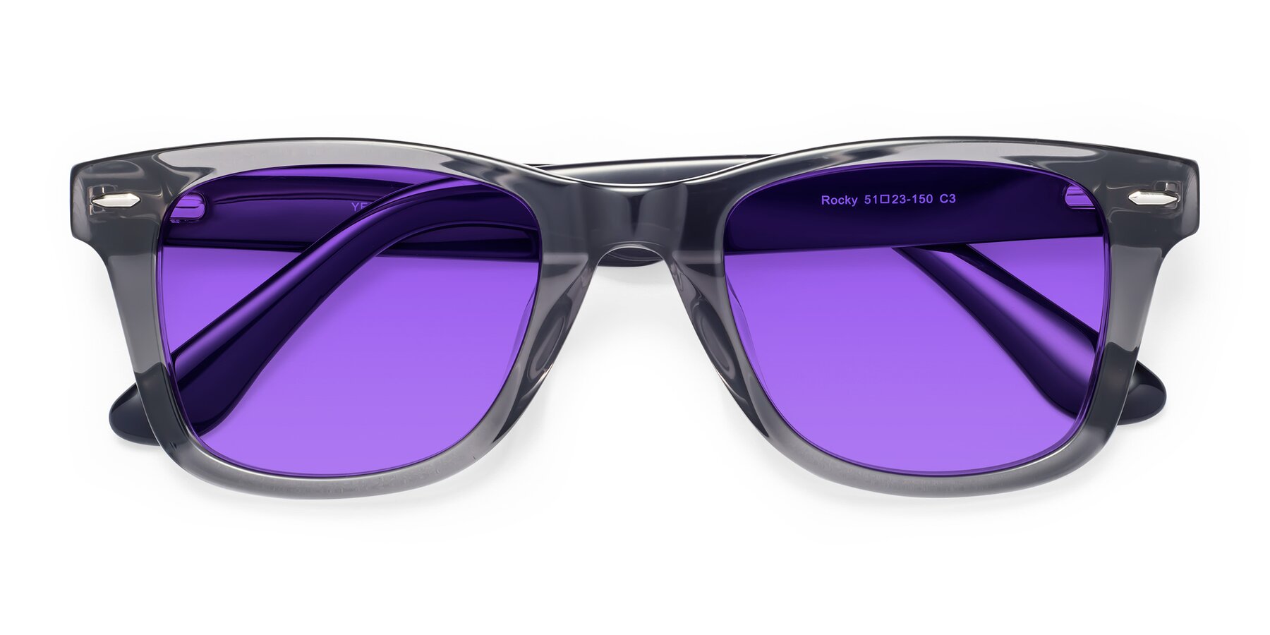 Folded Front of Rocky in Transprent Grey with Purple Tinted Lenses