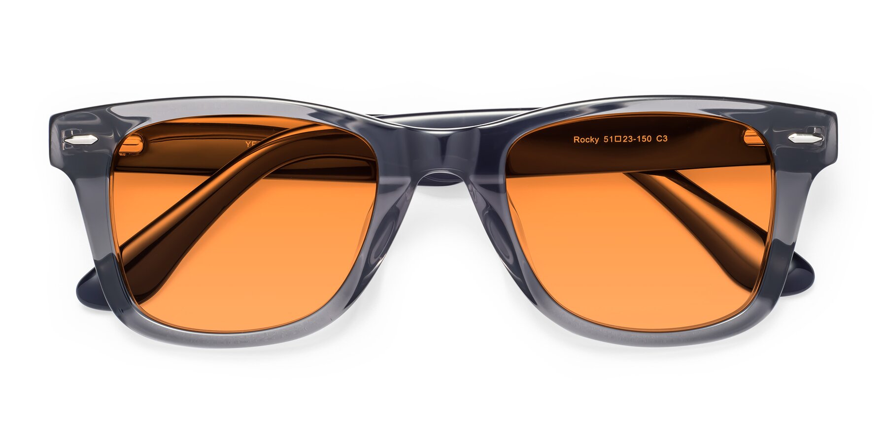 Folded Front of Rocky in Transprent Grey with Orange Tinted Lenses