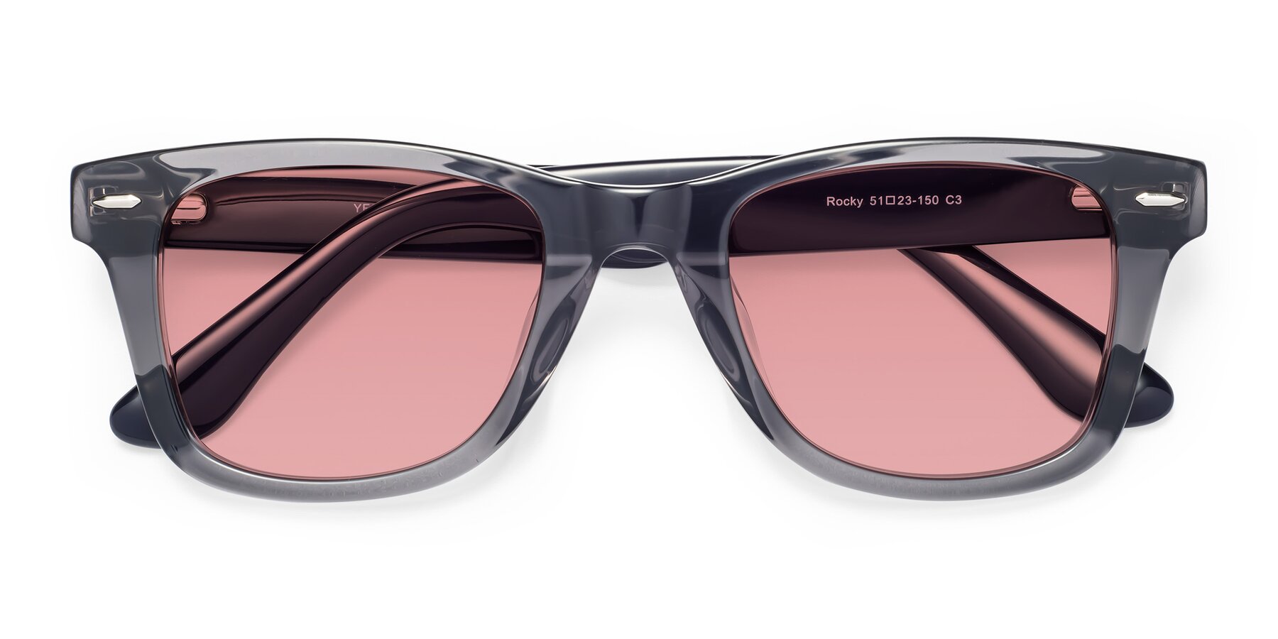 Folded Front of Rocky in Transprent Grey with Medium Garnet Tinted Lenses