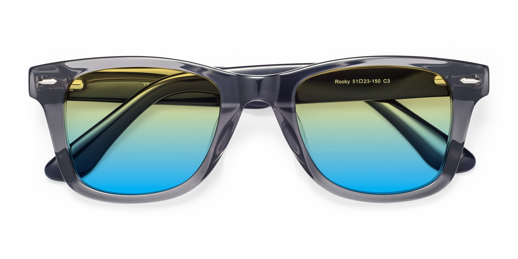 Folded Front of Rocky in Transprent Grey with Yellow / Blue Gradient Lenses