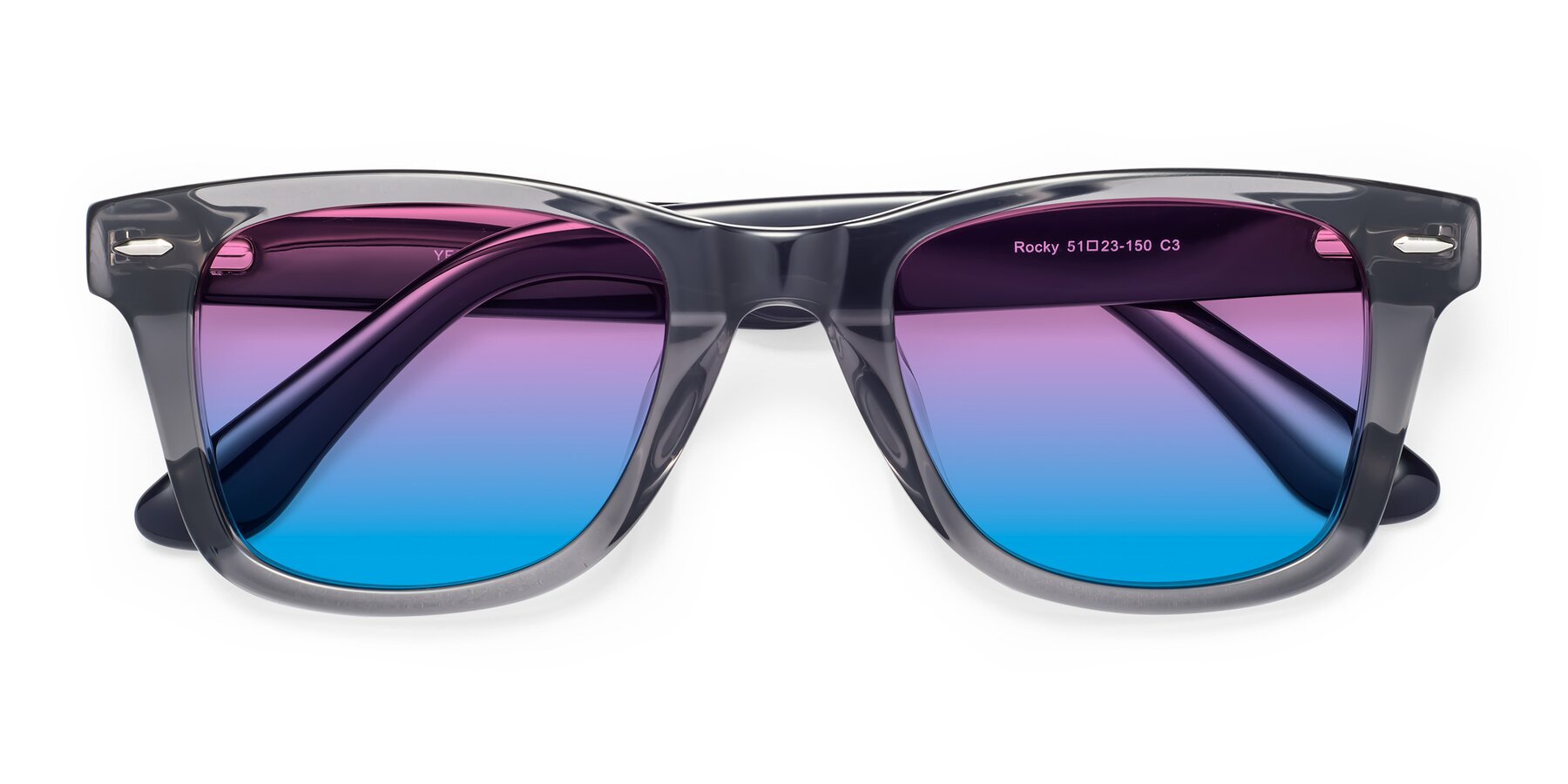 Folded Front of Rocky in Transprent Grey with Pink / Blue Gradient Lenses