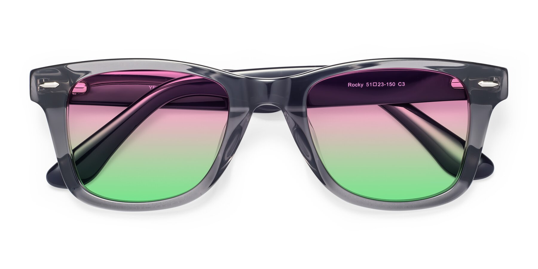 Folded Front of Rocky in Transprent Grey with Pink / Green Gradient Lenses