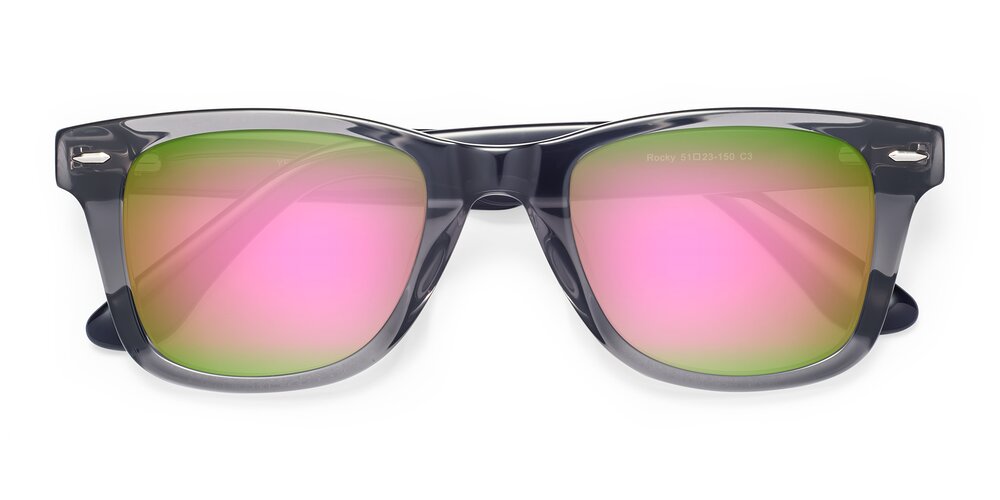 Transprent Grey Wide Thick Trapezoid Mirrored Sunglasses with Pink