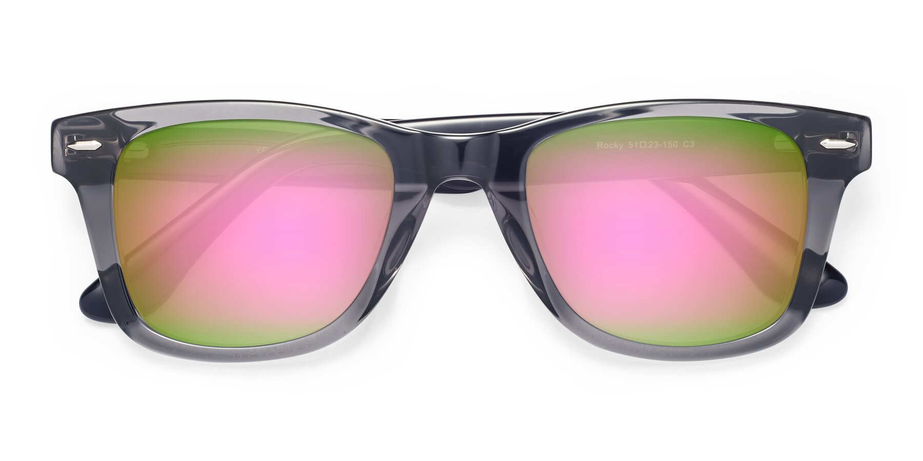 Folded Front of Rocky in Transprent Grey with Pink Mirrored Lenses