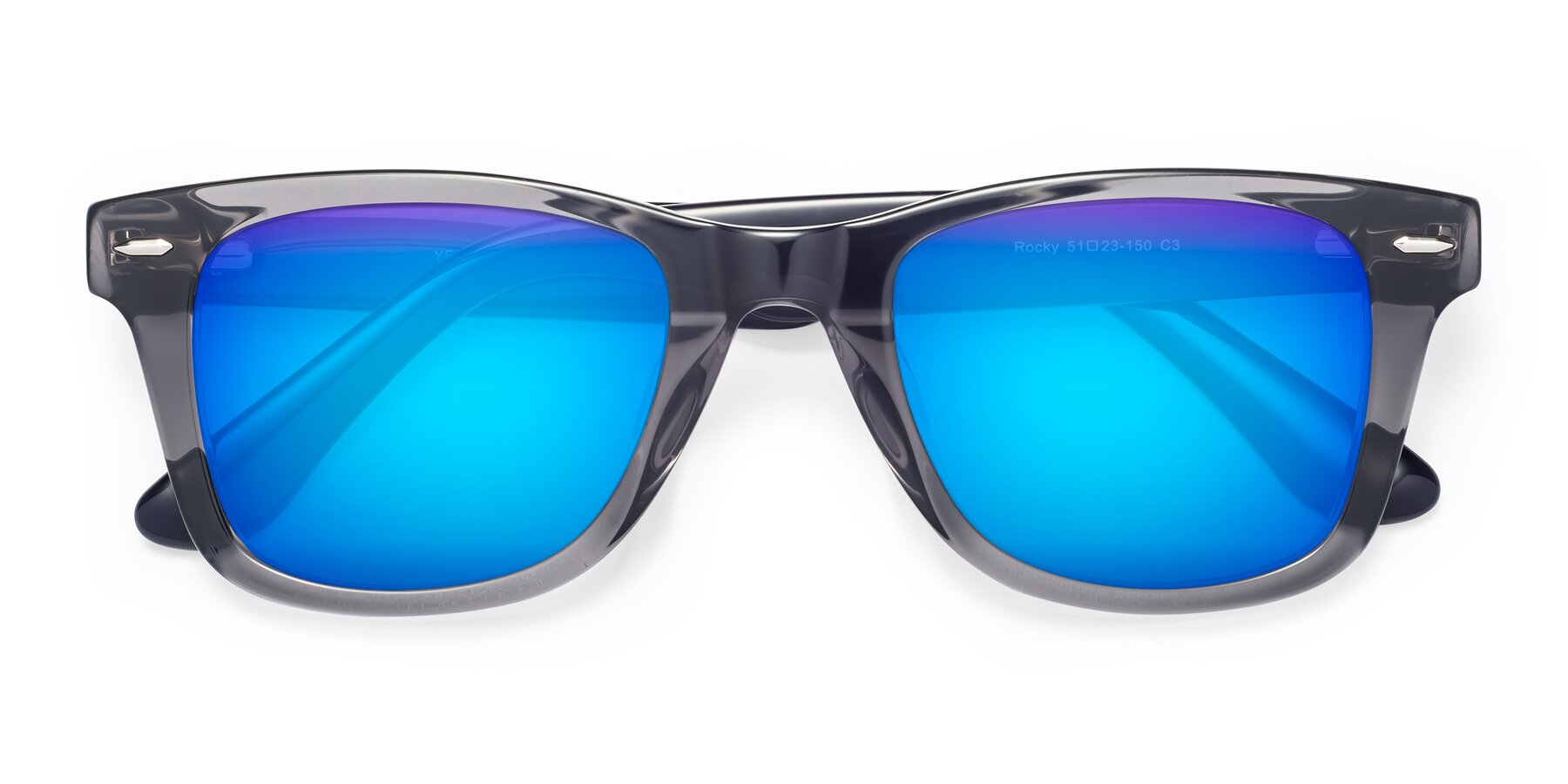 Folded Front of Rocky in Transprent Grey with Blue Mirrored Lenses