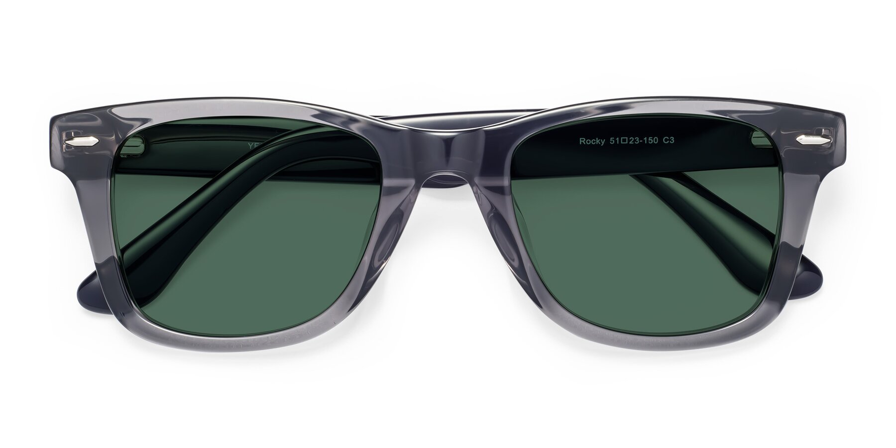 Folded Front of Rocky in Transprent Grey with Green Polarized Lenses
