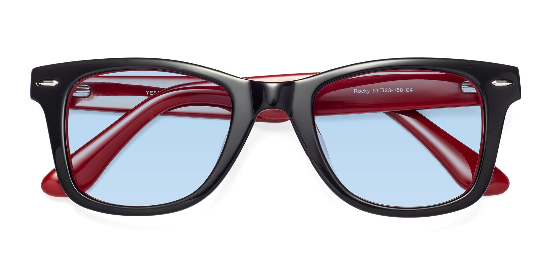 Folded Front of Rocky in Black-Wine with Light Blue Tinted Lenses