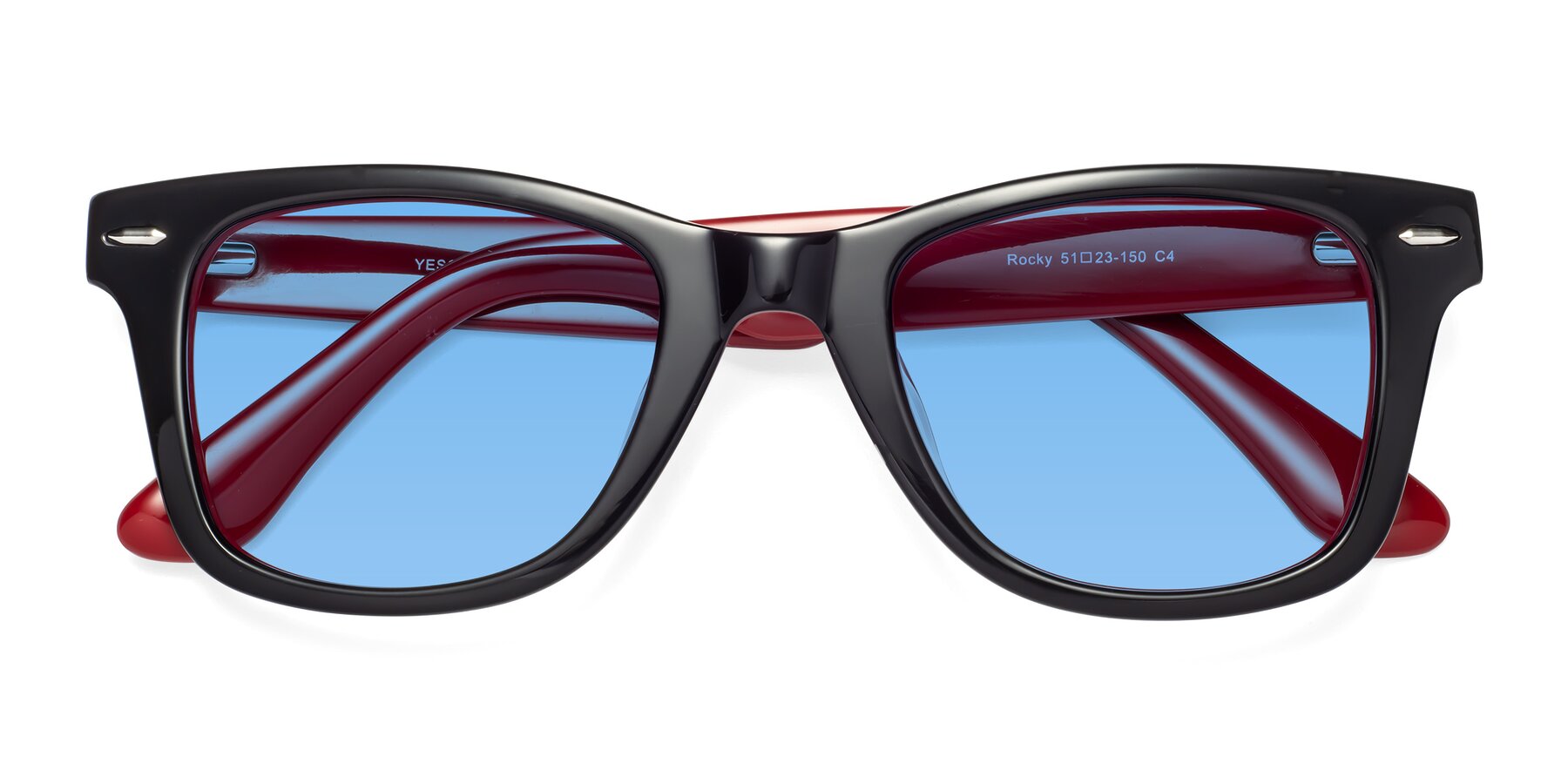Folded Front of Rocky in Black-Wine with Medium Blue Tinted Lenses