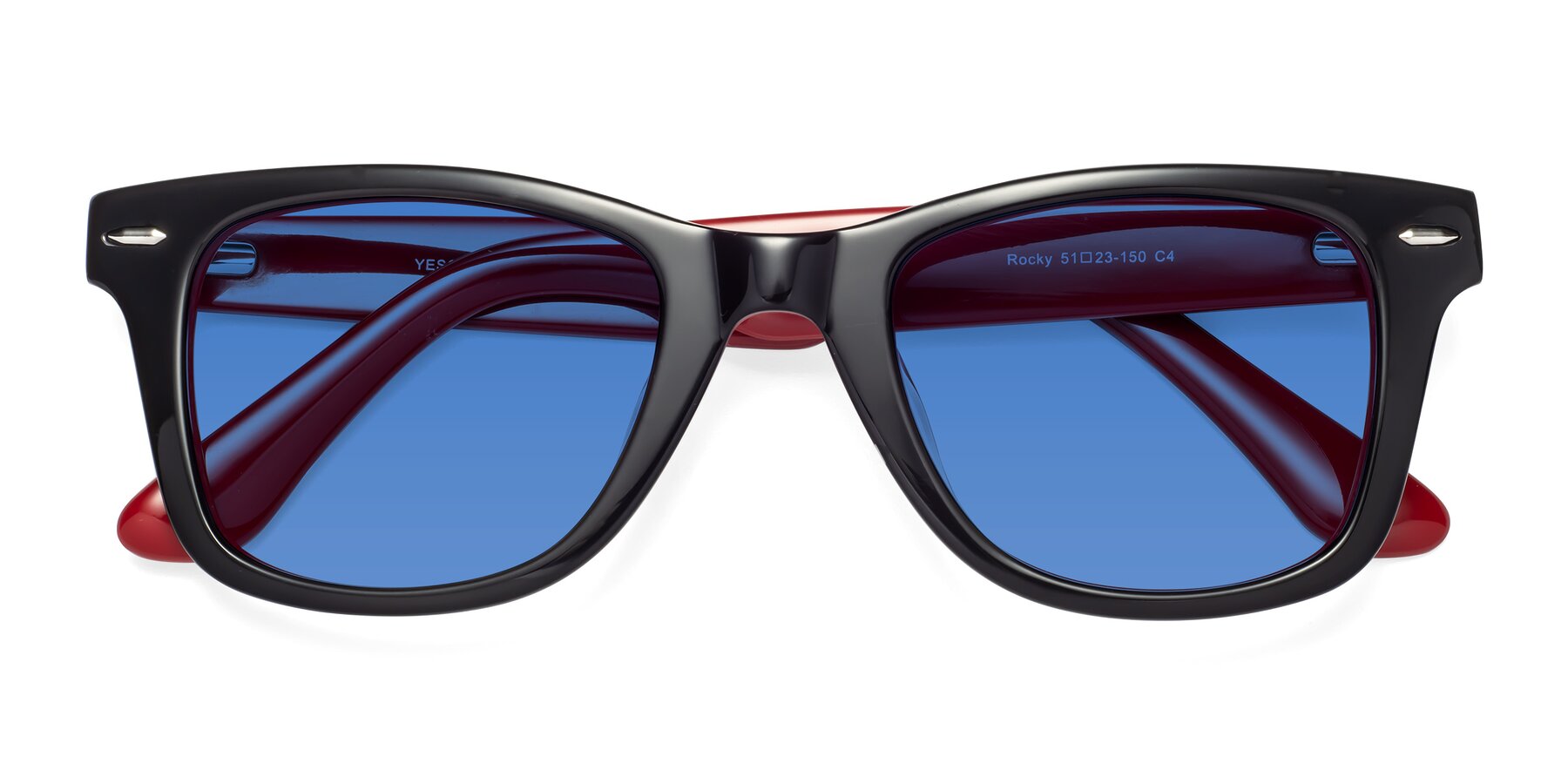Folded Front of Rocky in Black-Wine with Blue Tinted Lenses