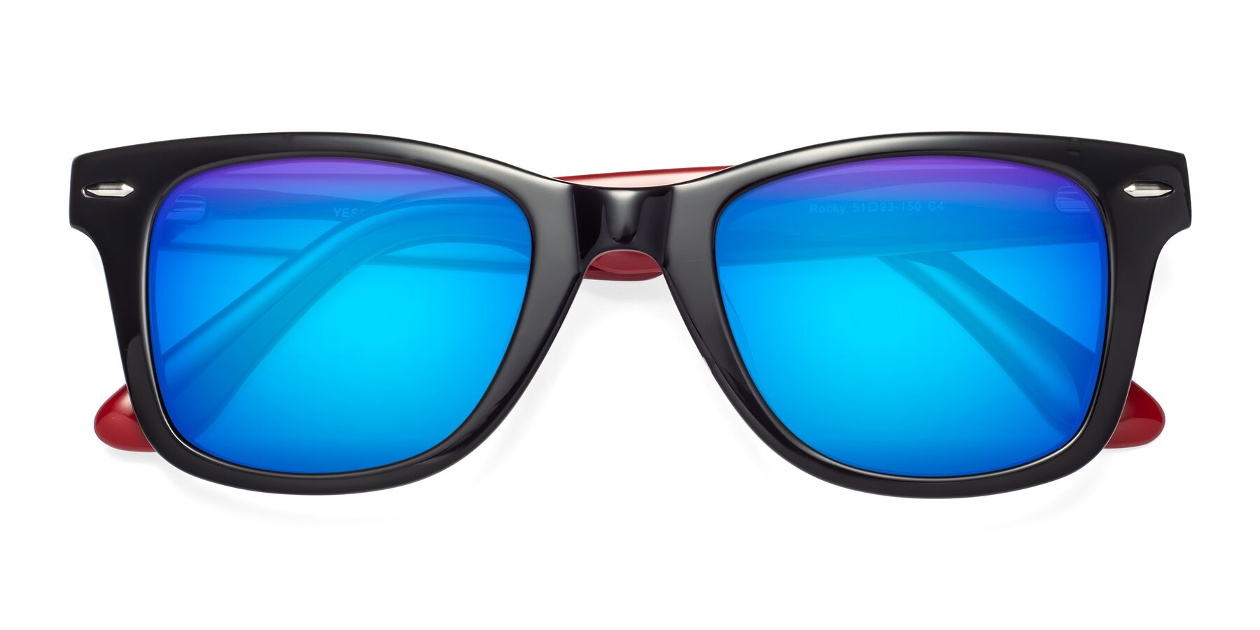 Folded Front of Rocky in Black-Wine with Blue Mirrored Lenses