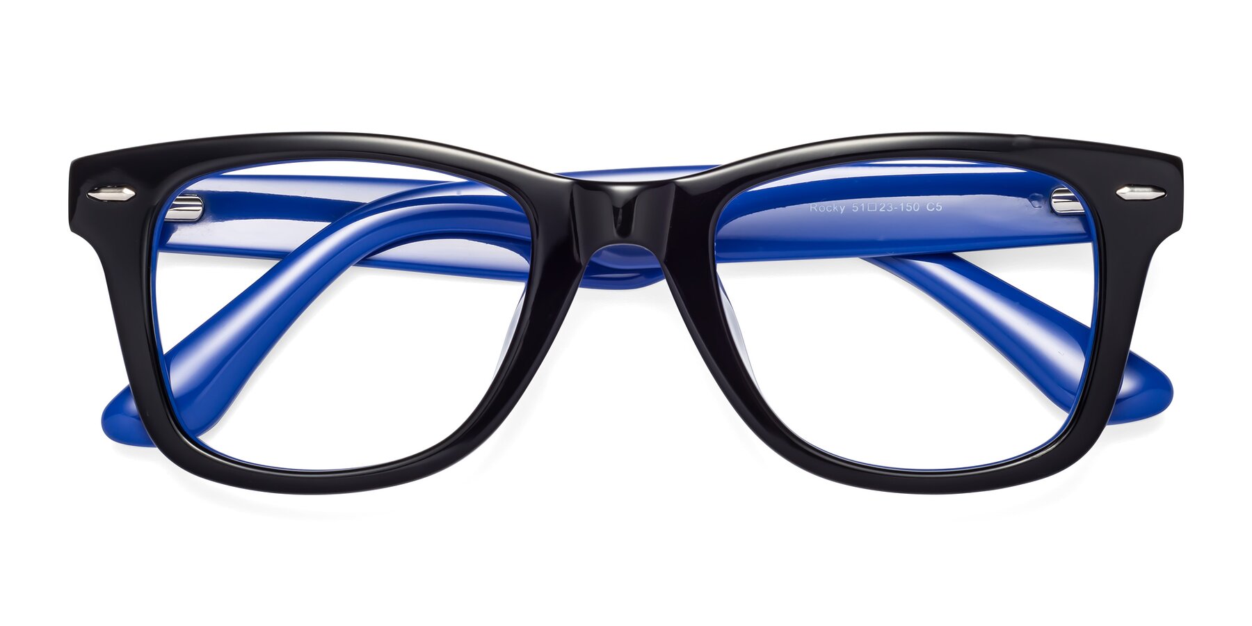 Folded Front of Rocky in Black-Blue with Clear Eyeglass Lenses