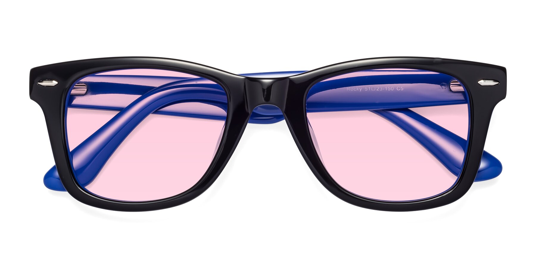 Folded Front of Rocky in Black-Blue with Light Pink Tinted Lenses