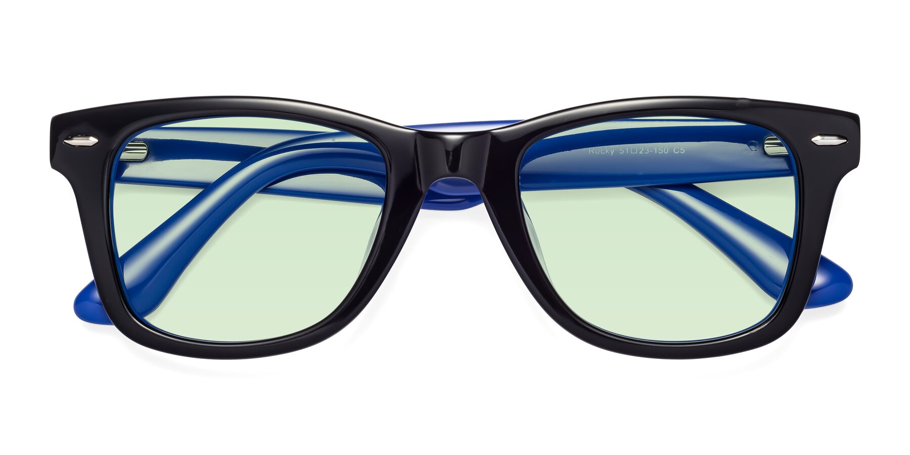 Folded Front of Rocky in Black-Blue with Light Green Tinted Lenses