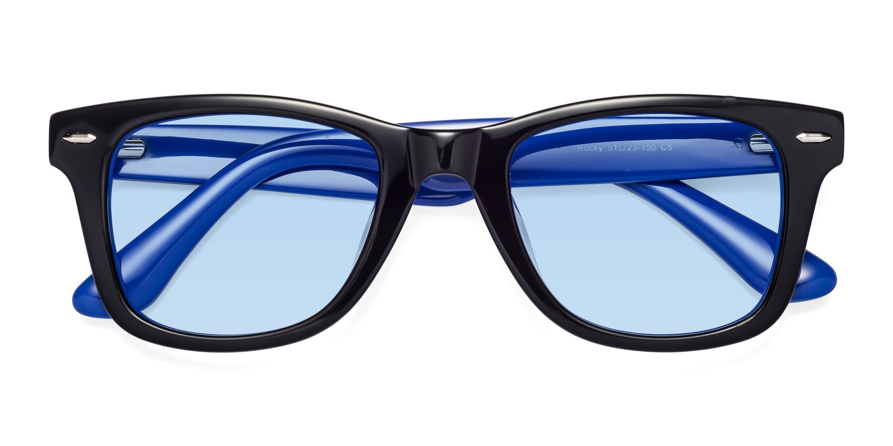 Folded Front of Rocky in Black-Blue with Light Blue Tinted Lenses