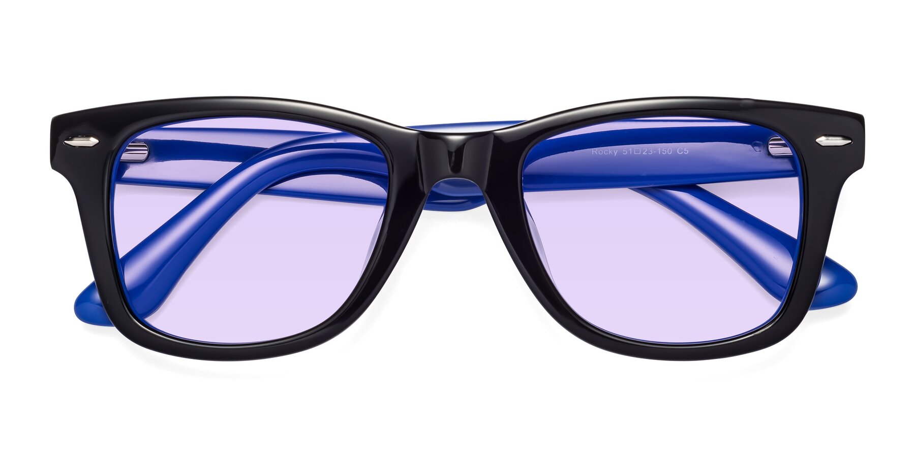 Folded Front of Rocky in Black-Blue with Light Purple Tinted Lenses