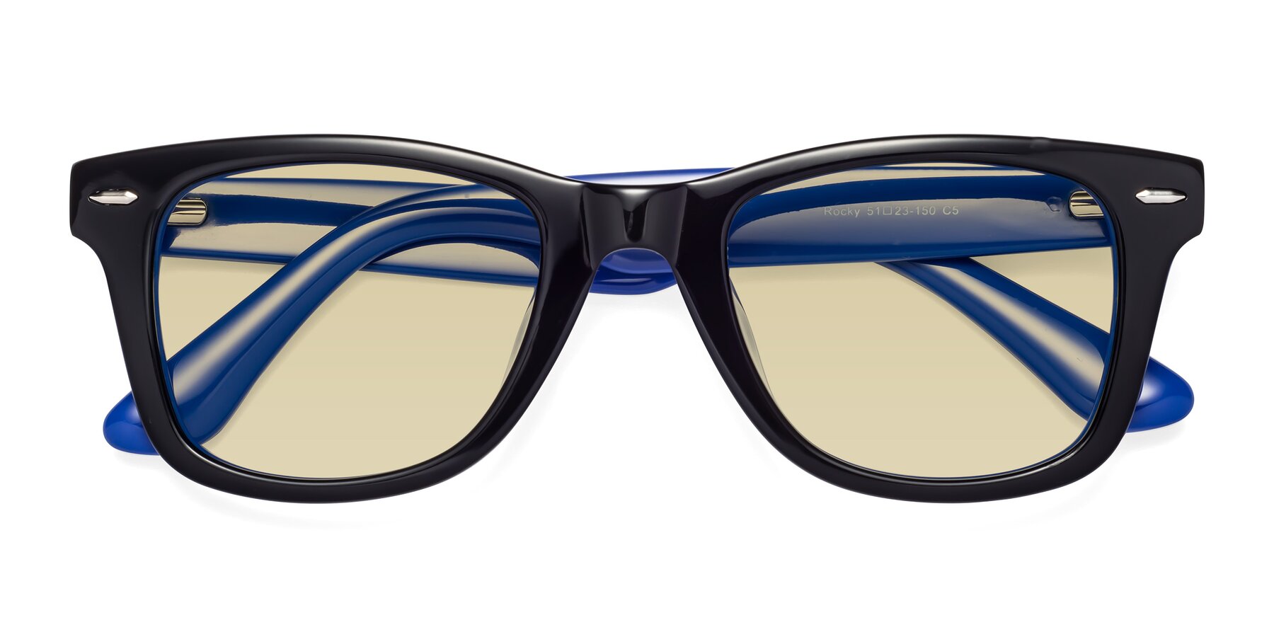 Folded Front of Rocky in Black-Blue with Light Champagne Tinted Lenses