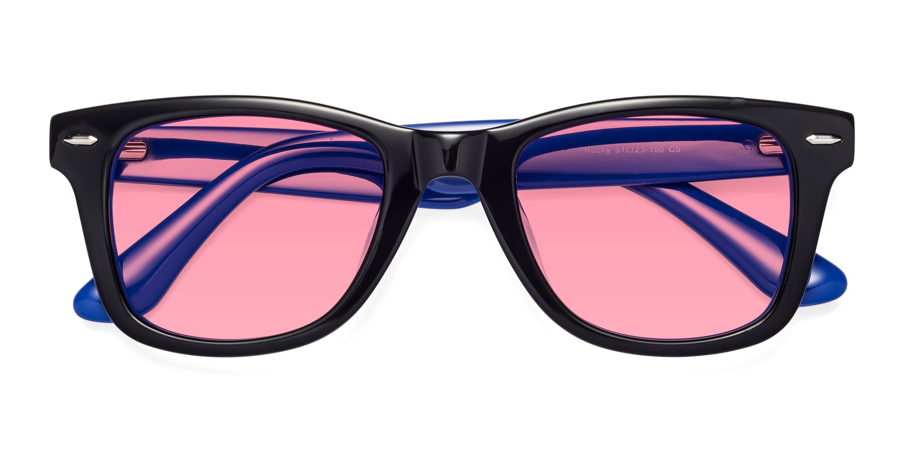 Folded Front of Rocky in Black-Blue with Pink Tinted Lenses