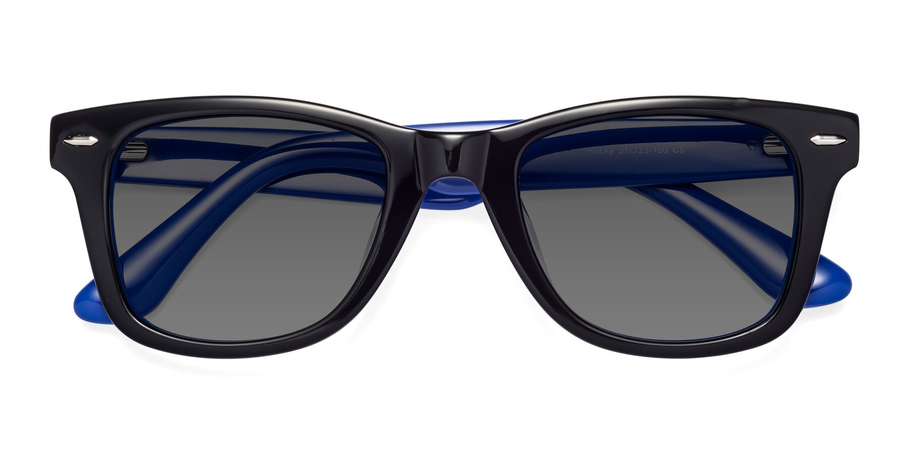Folded Front of Rocky in Black-Blue with Medium Gray Tinted Lenses