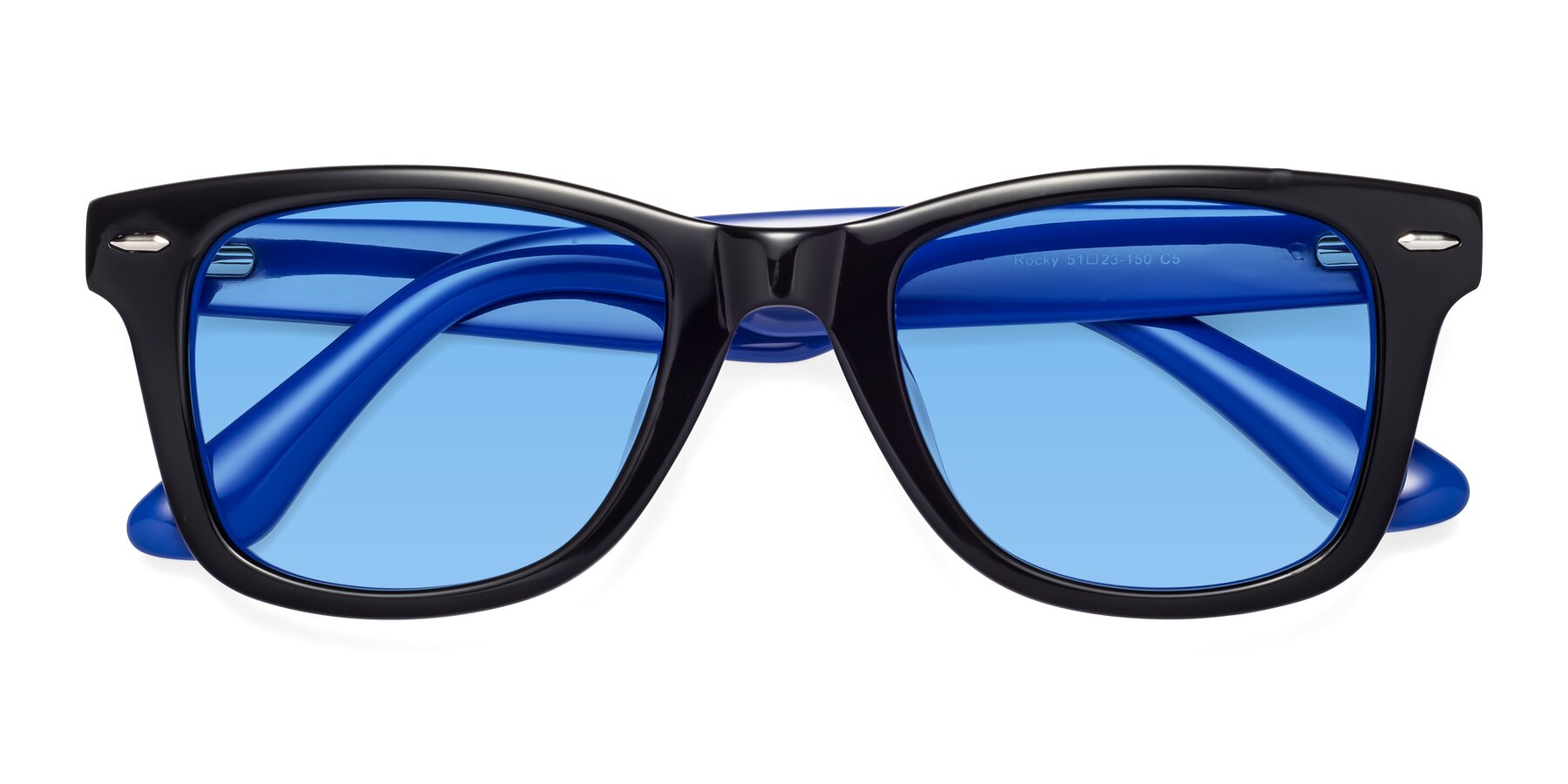 Folded Front of Rocky in Black-Blue with Medium Blue Tinted Lenses