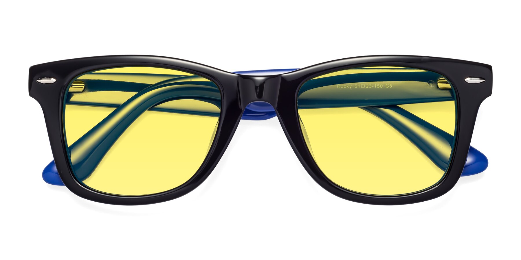 Folded Front of Rocky in Black-Blue with Medium Yellow Tinted Lenses