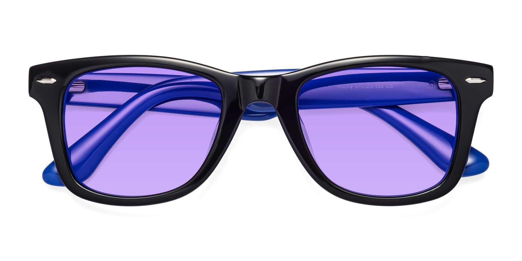 Folded Front of Rocky in Black-Blue with Medium Purple Tinted Lenses