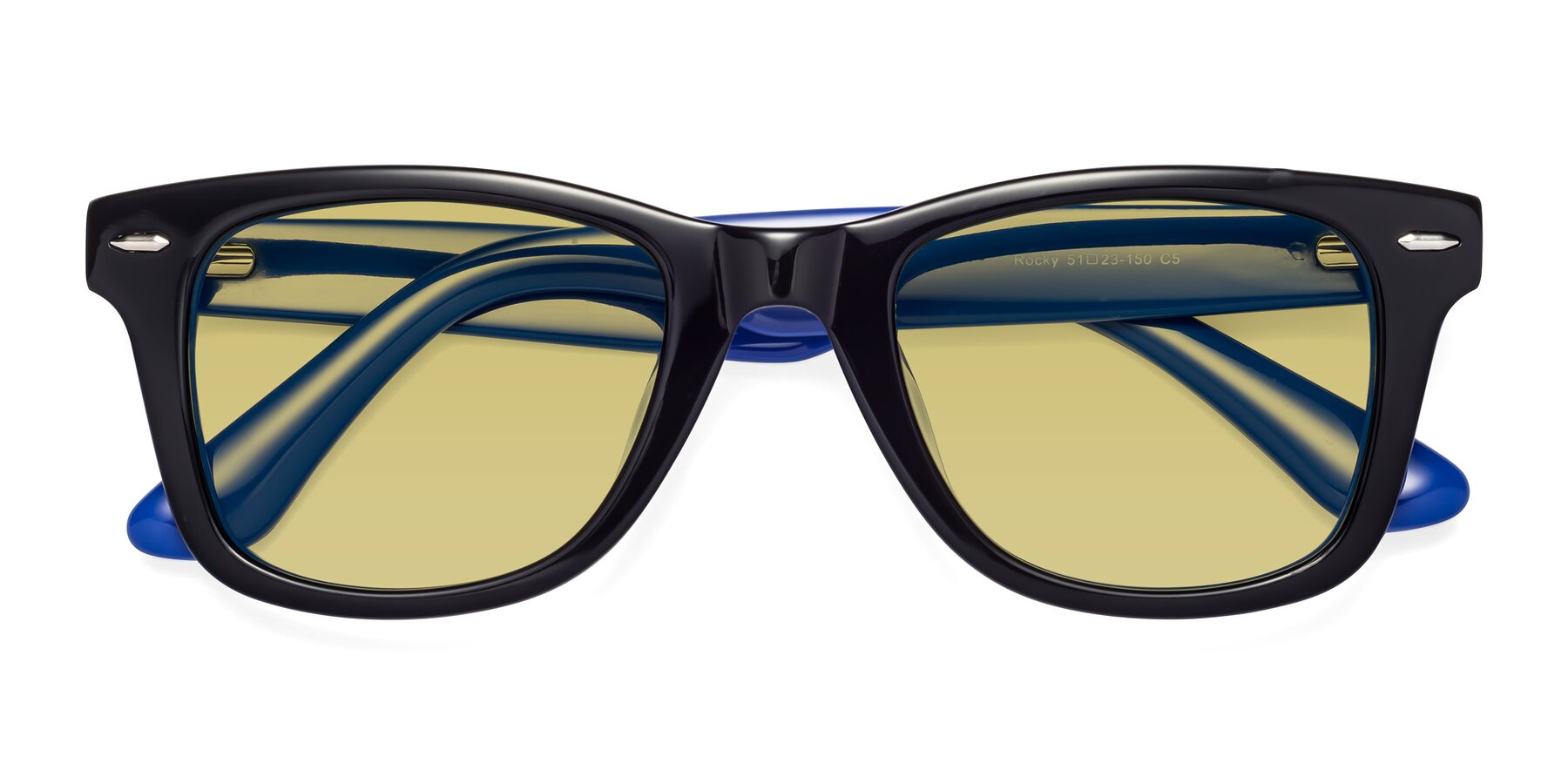 Folded Front of Rocky in Black-Blue with Medium Champagne Tinted Lenses