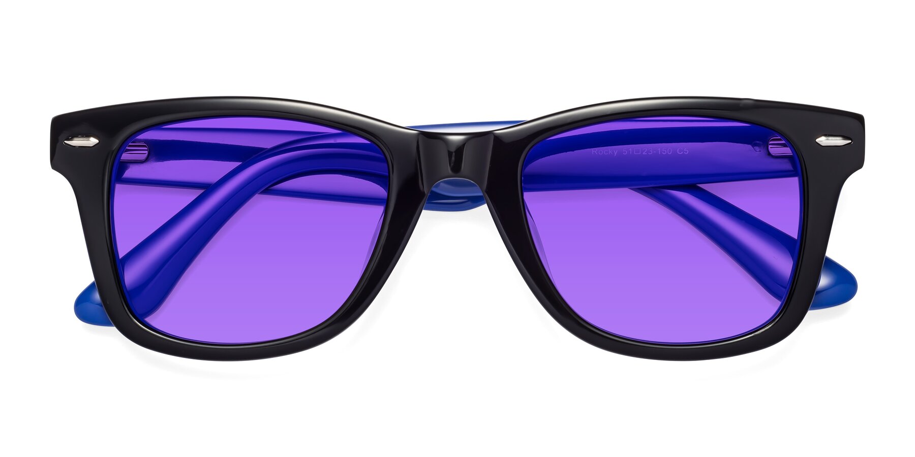 Folded Front of Rocky in Black-Blue with Purple Tinted Lenses
