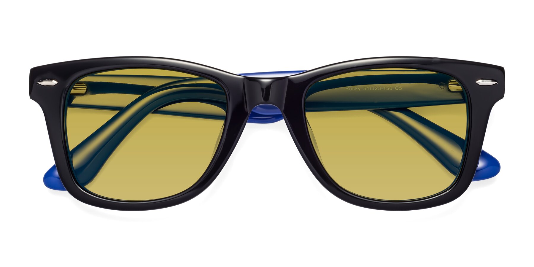 Folded Front of Rocky in Black-Blue with Champagne Tinted Lenses