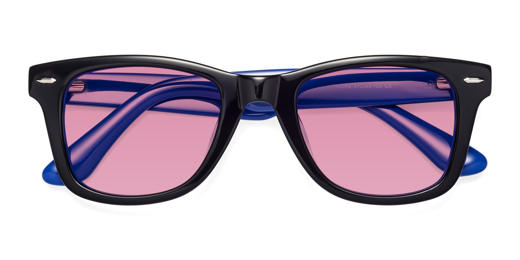 Folded Front of Rocky in Black-Blue with Medium Wine Tinted Lenses