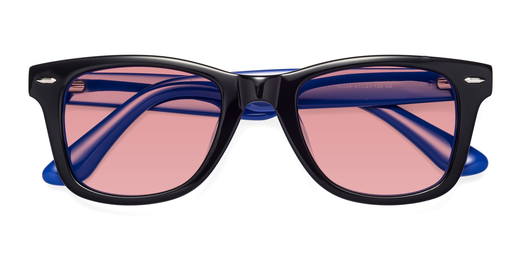 Folded Front of Rocky in Black-Blue with Medium Garnet Tinted Lenses