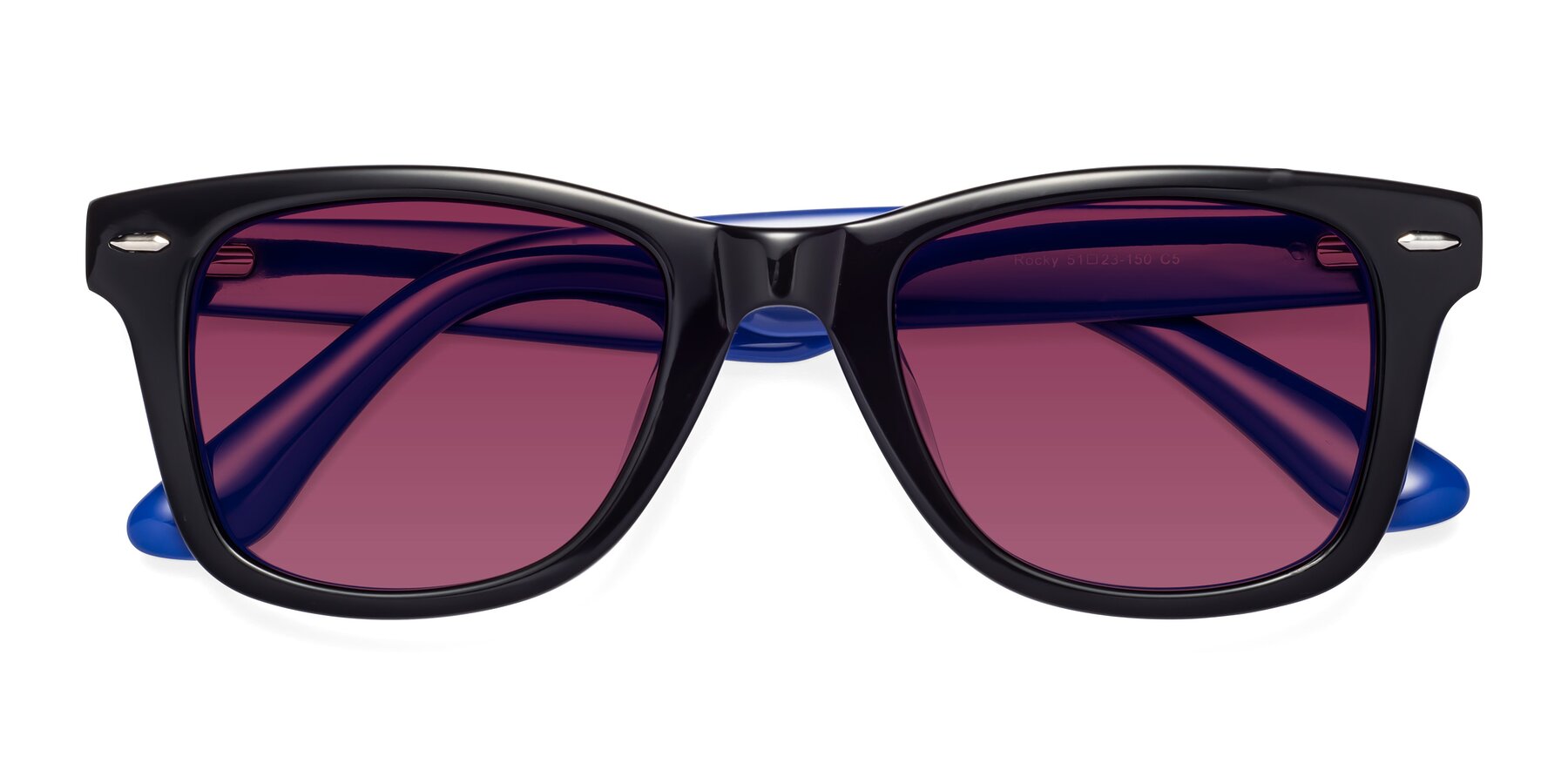 Folded Front of Rocky in Black-Blue with Wine Tinted Lenses