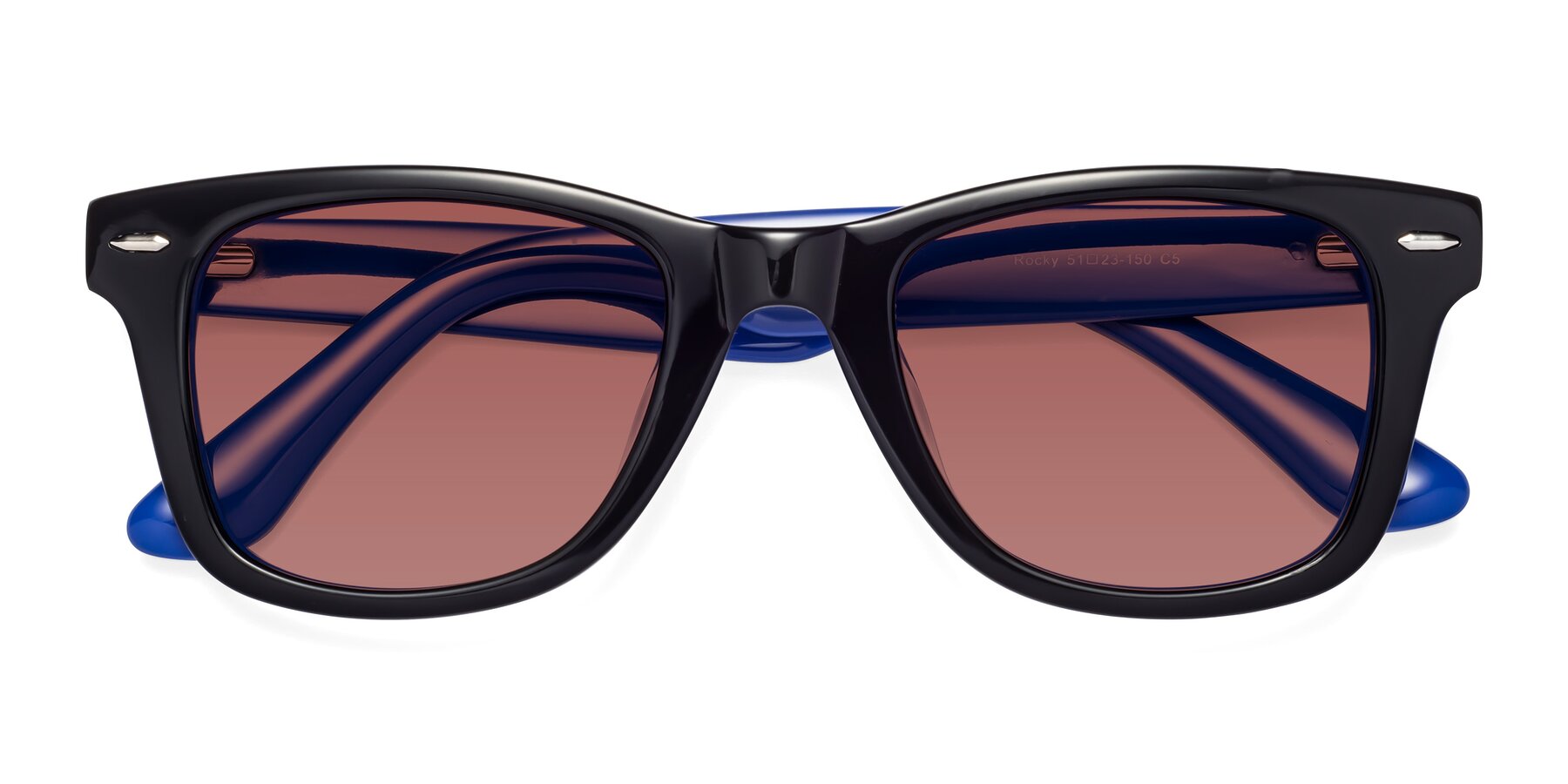 Folded Front of Rocky in Black-Blue with Garnet Tinted Lenses