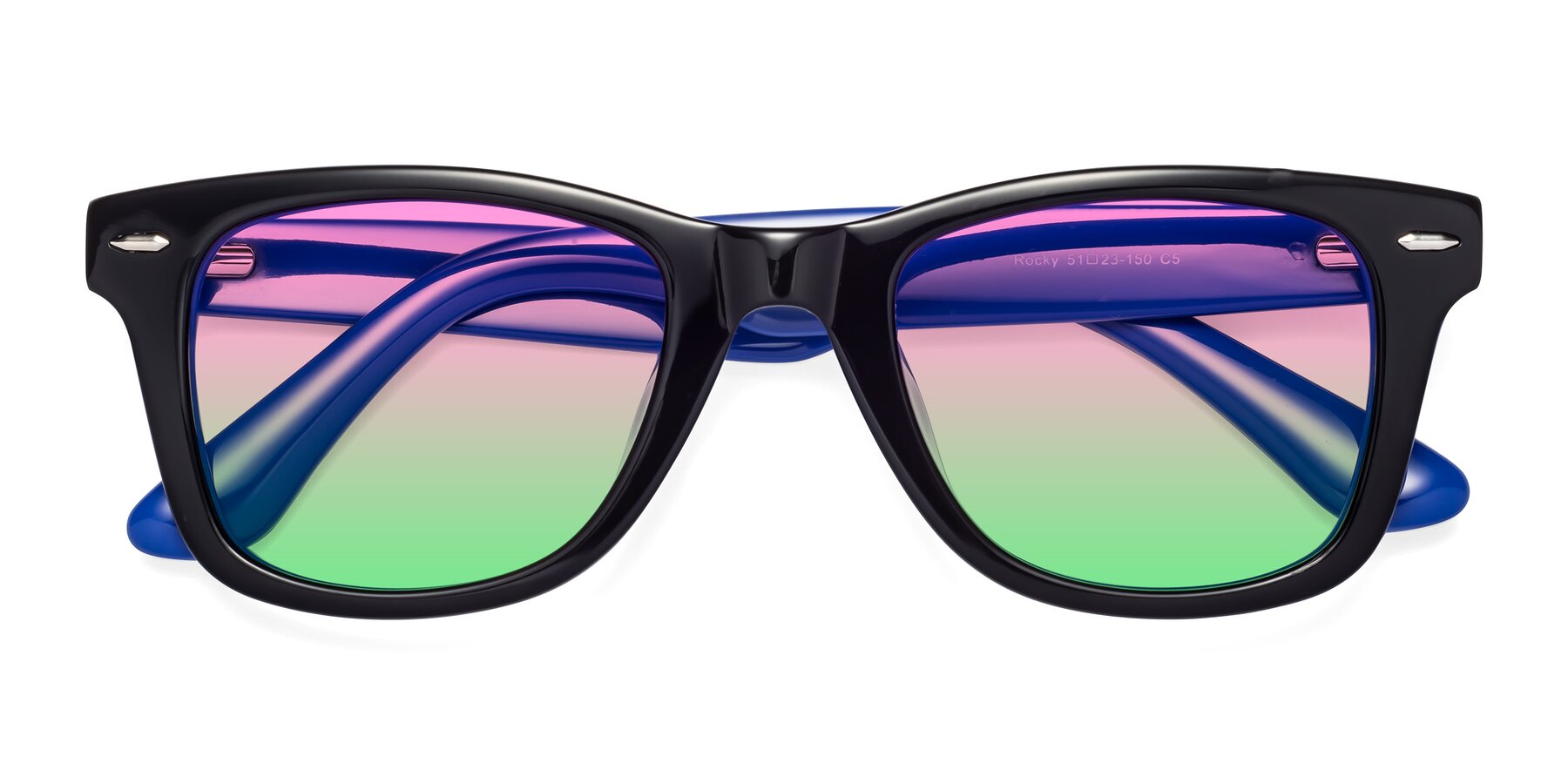 Folded Front of Rocky in Black-Blue with Pink / Green Gradient Lenses