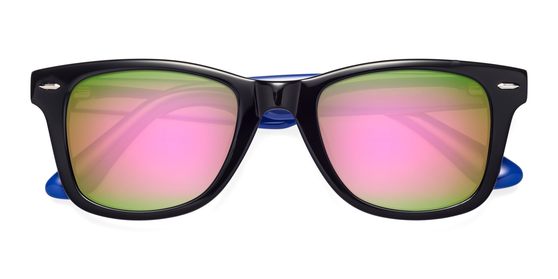Folded Front of Rocky in Black-Blue with Pink Mirrored Lenses