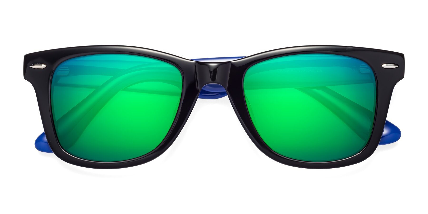 Folded Front of Rocky in Black-Blue with Green Mirrored Lenses