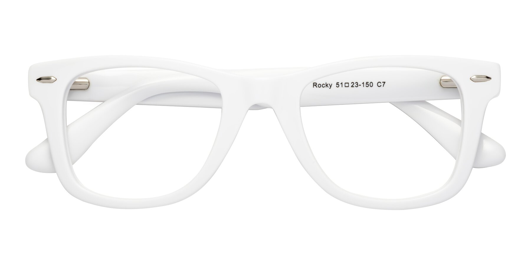 Folded Front of Rocky in White with Clear Eyeglass Lenses