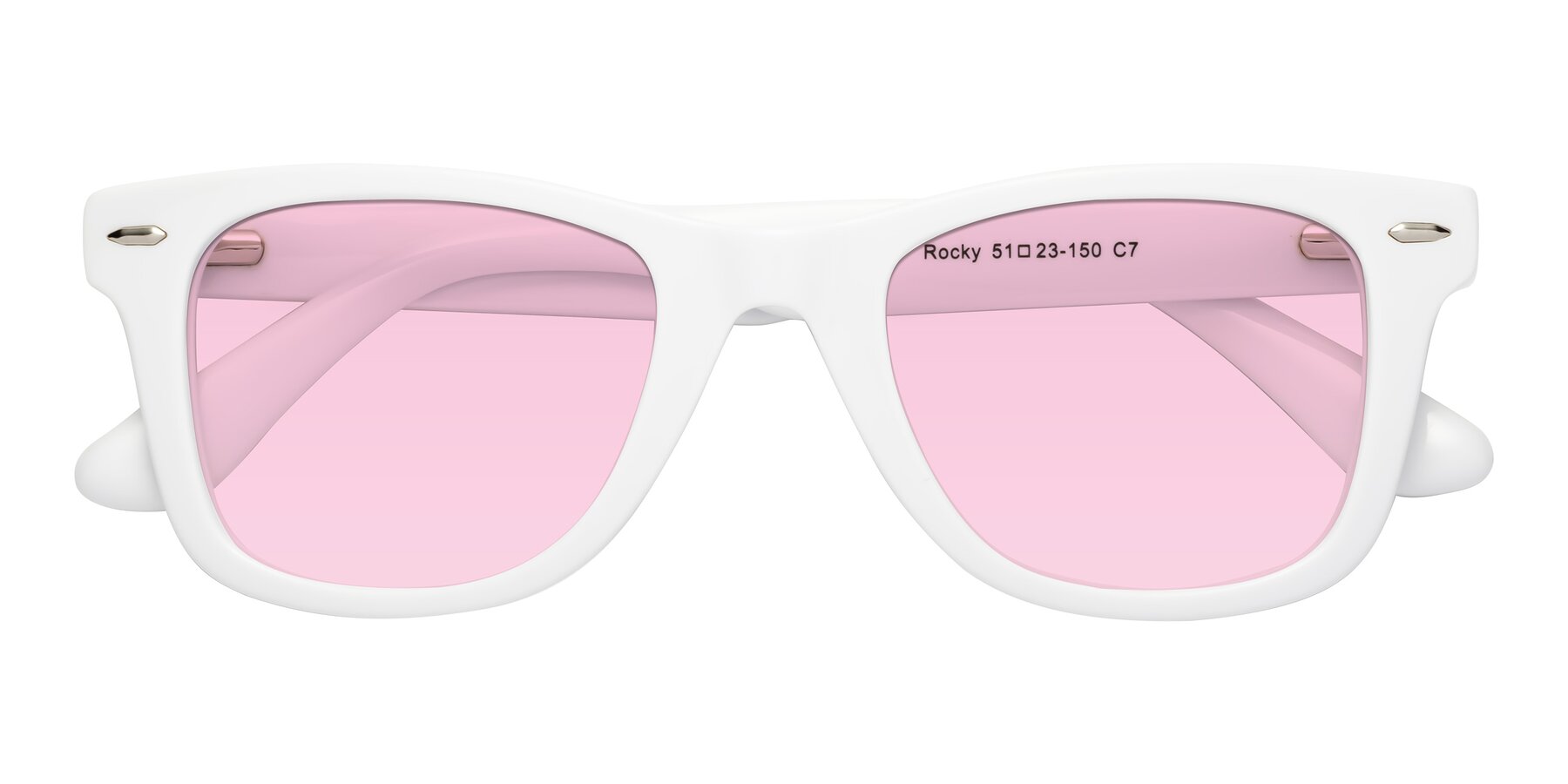 Folded Front of Rocky in White with Light Pink Tinted Lenses